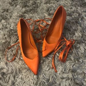 Only maker, Orange pointed heels with calf lace, vegan, 4 inch/ 10cm heel